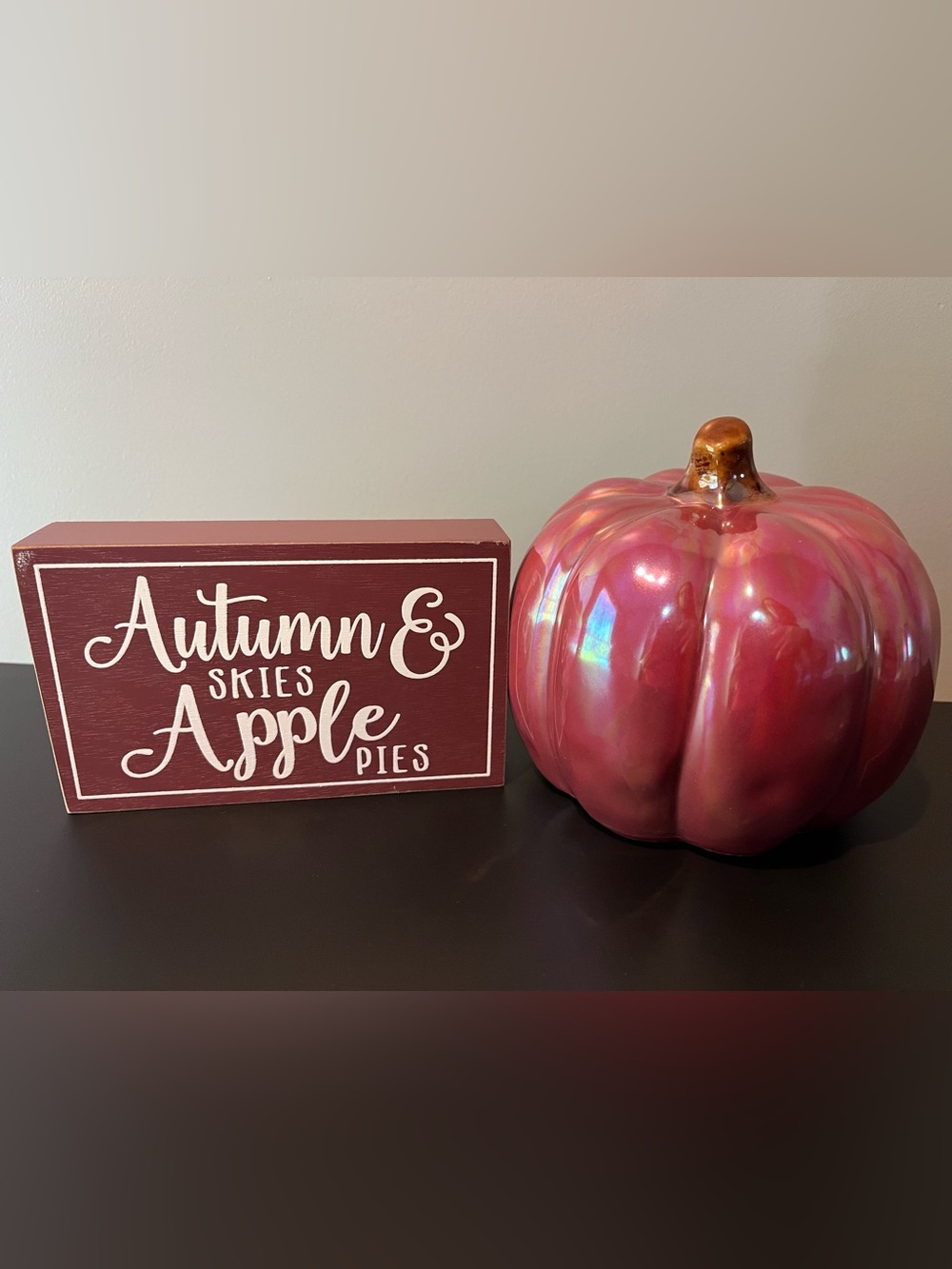 Fall Decor “Autumn Skies & Apple Pies” Sign and Maroon Ceramic Pumpkin